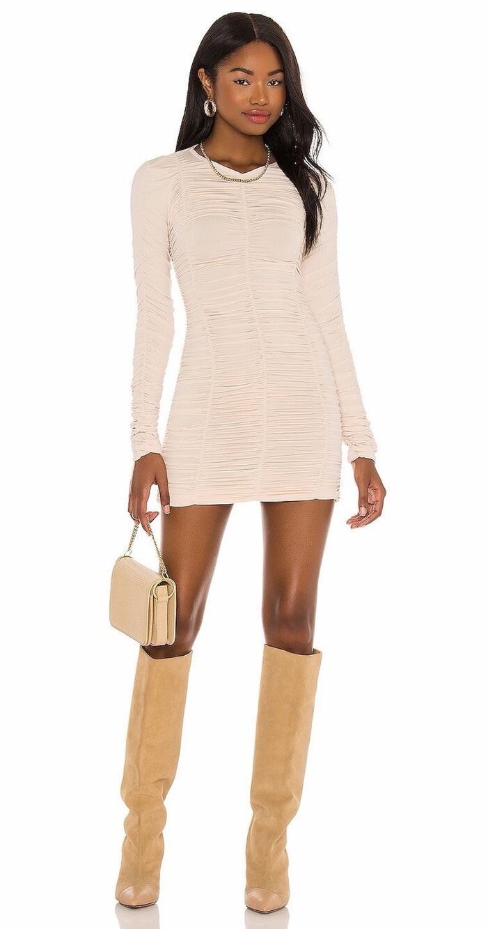 SNDYS Everyday Size 2 Muse Mini Dress In Ecru Ruched Nude Tan Cream Revolve
